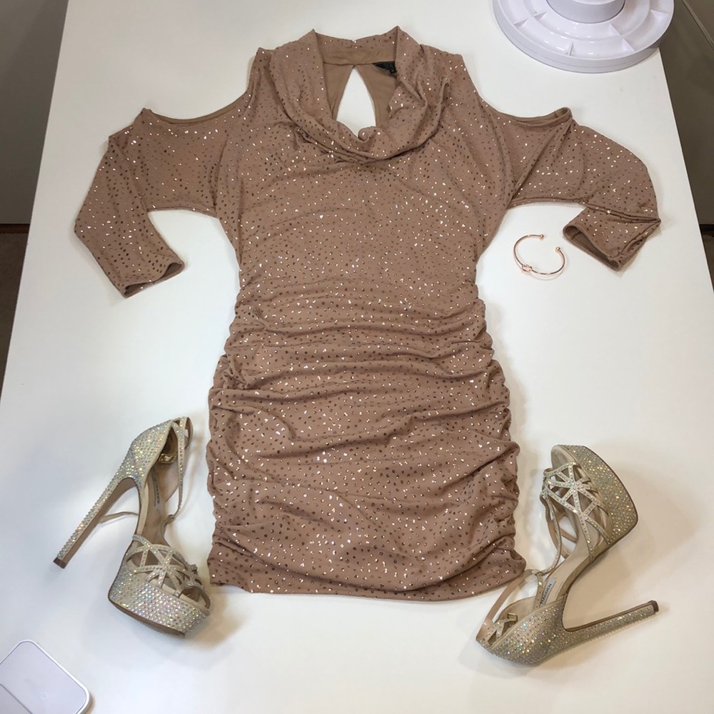 Guess, Ruched, Rose Gold, Cold Shoulder Dress